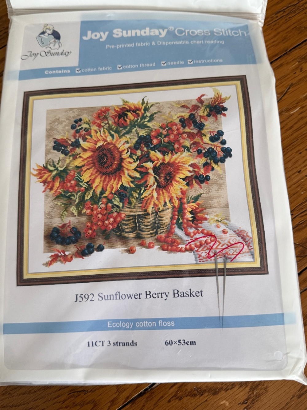 Sunflower Berry Basket Joy Sunday Pre-Printed Cross Stitch Kit 11ct Aida - NEW